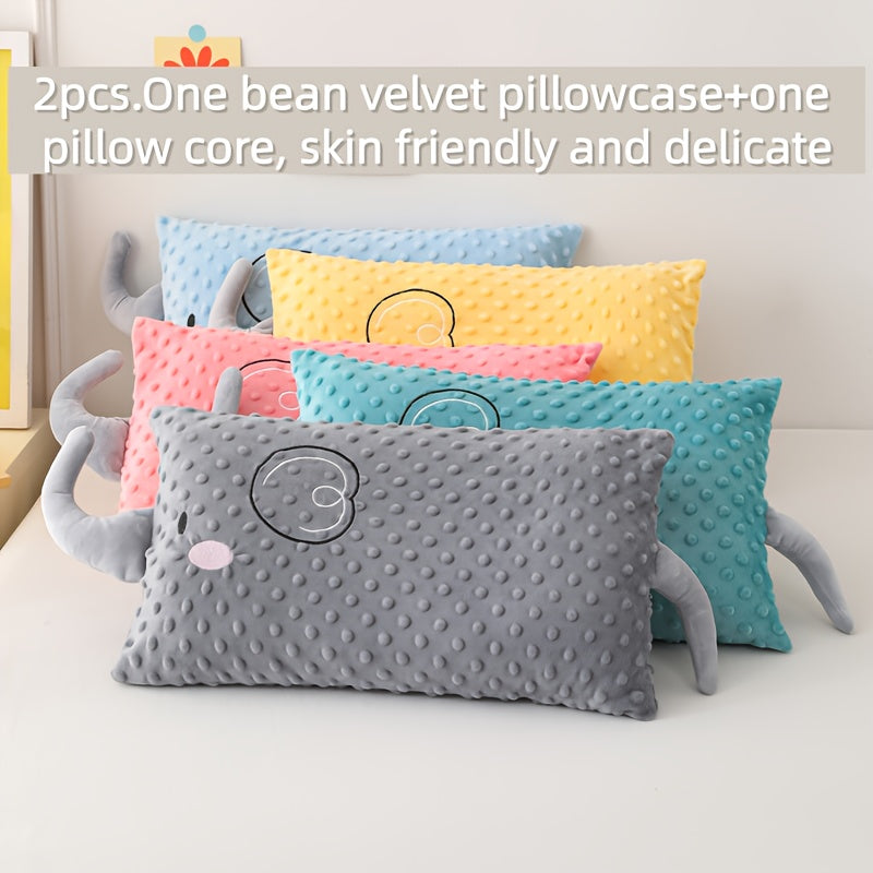 2pcs (pillowcase + Pillow Core). Elephant Pillowcase + Pillow Core, Cartoon Pillowcase, Bean Plush Fabric, Exquisite Embroidery, 3D Comfort Pillow - Skin-friendly and Breathable, Zippered Closure, Fluffy and Soft, Non-sagging, High-elastic Fiber.