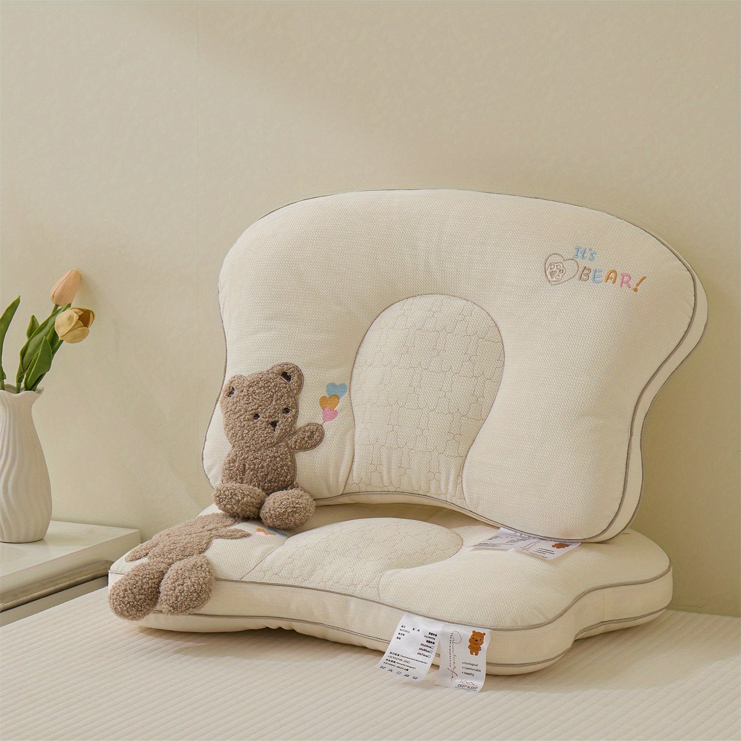 1pc Cute Bear-Shaped Cuddly Pillow with Plush Bear Face & Heart Cutouts - All-Season Neck & Cervical Support, Soft Stuffed Animal Bed Accessory for & s, 100% Polyester Filling (Bed, Sofa, Travel)