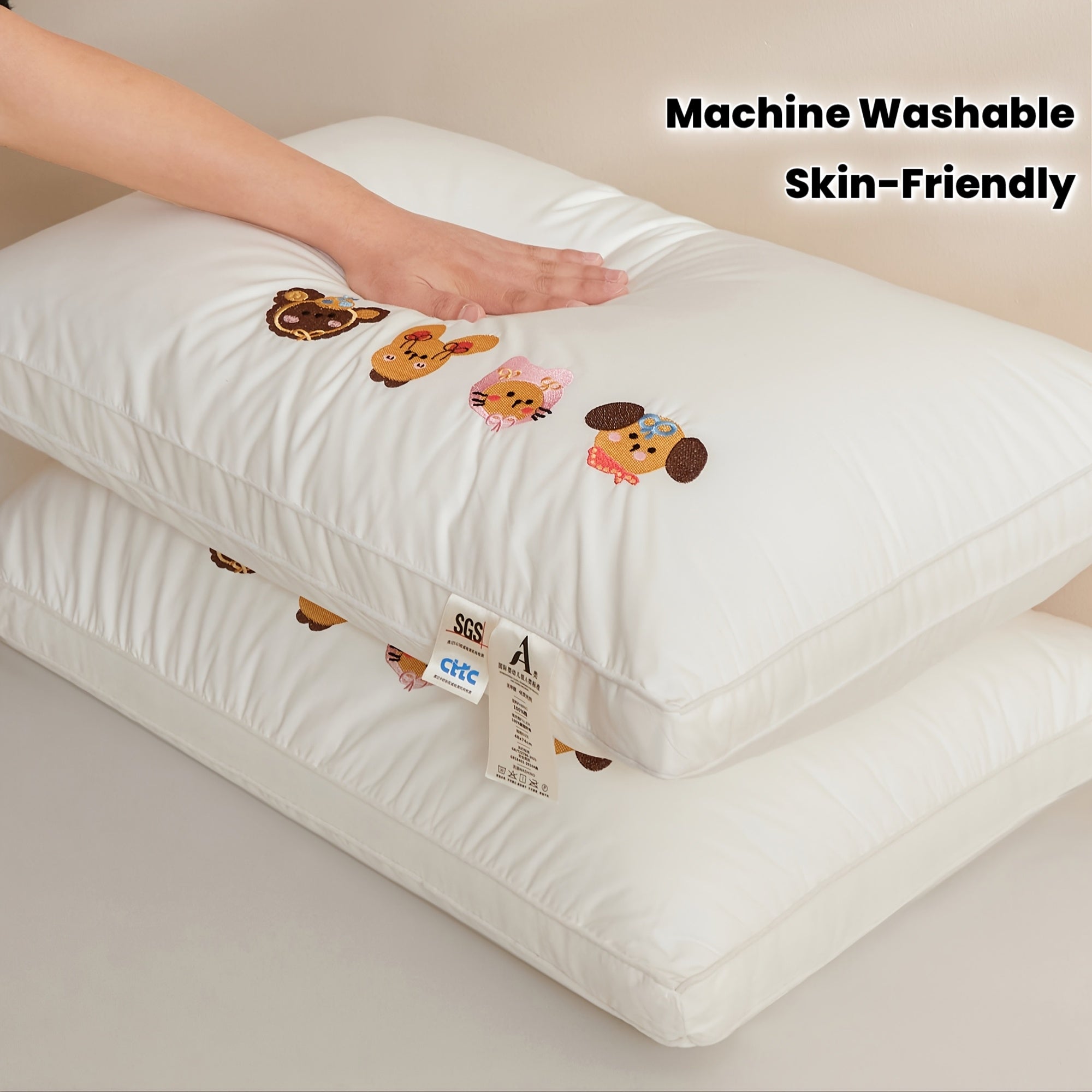 1\u002F2pcs, a Pair of Pillow Inserts, Cartoon Animals, Three-dimensional Embroidery, Good Support, Fluffy and Soft, High Resilience, Soft and Skin-friendly, Class A, Conforms to the Head, Soft Support, Machine Washable