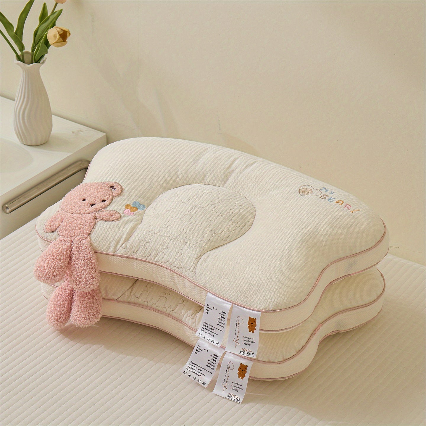 1pc Cute Bear-Shaped Cuddly Pillow with Plush Bear Face & Heart Cutouts - All-Season Neck & Cervical Support, Soft Stuffed Animal Bed Accessory for & s, 100% Polyester Filling (Bed, Sofa, Travel)